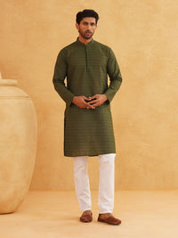 SOJANYA Men Green Geometric Embroidered Pure Cotton Kurta