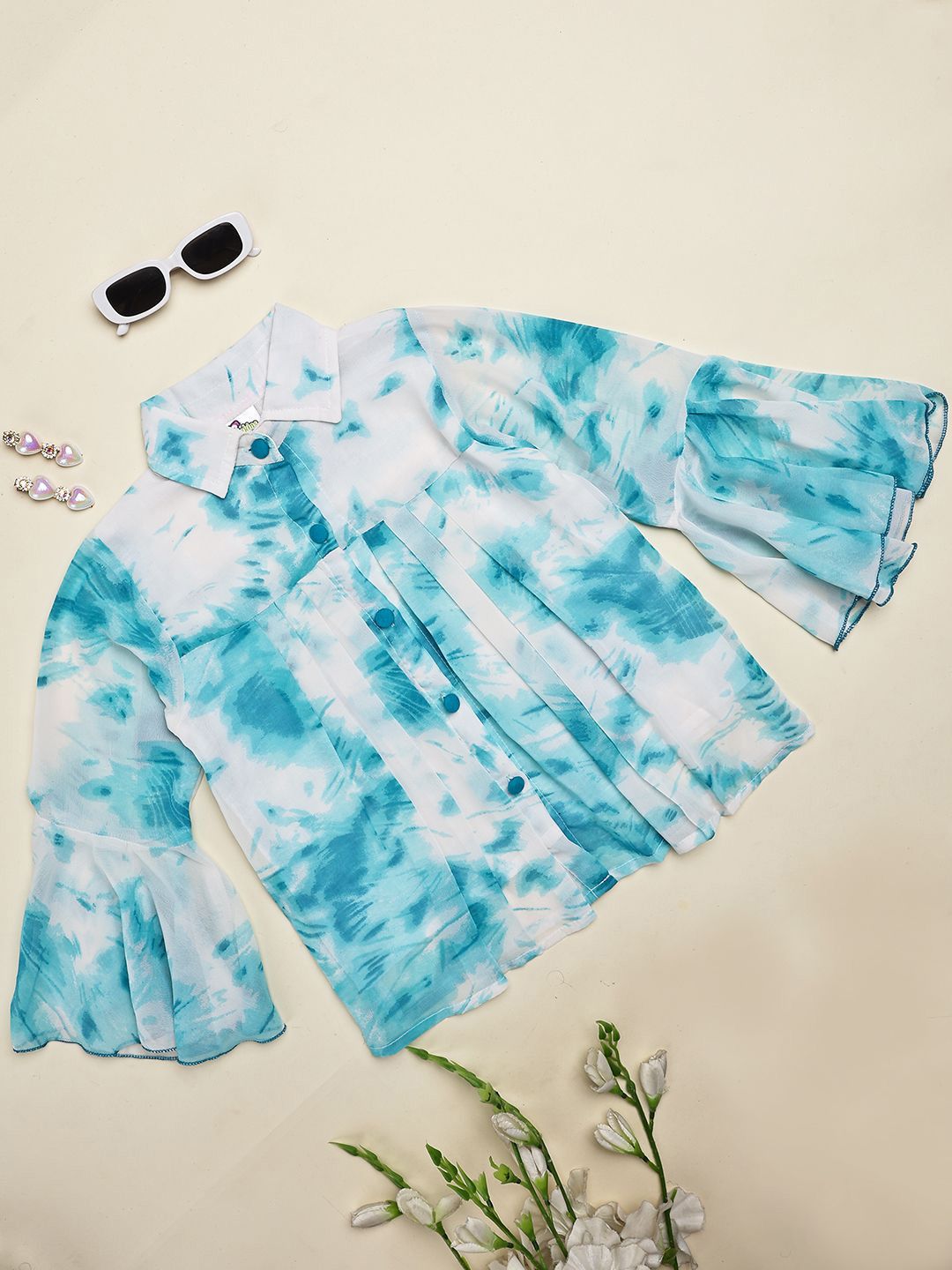 Cutiekins Girls Tie and Dye Print Flared Sleeve Shirt Style Top