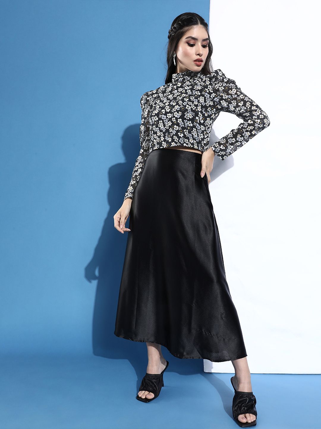 STREET 9 Black Floral Print Chiffon Blouson Top