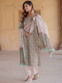 Kalini Floral Printed Pure Cotton Kurta dengan Seluar & Dupatta