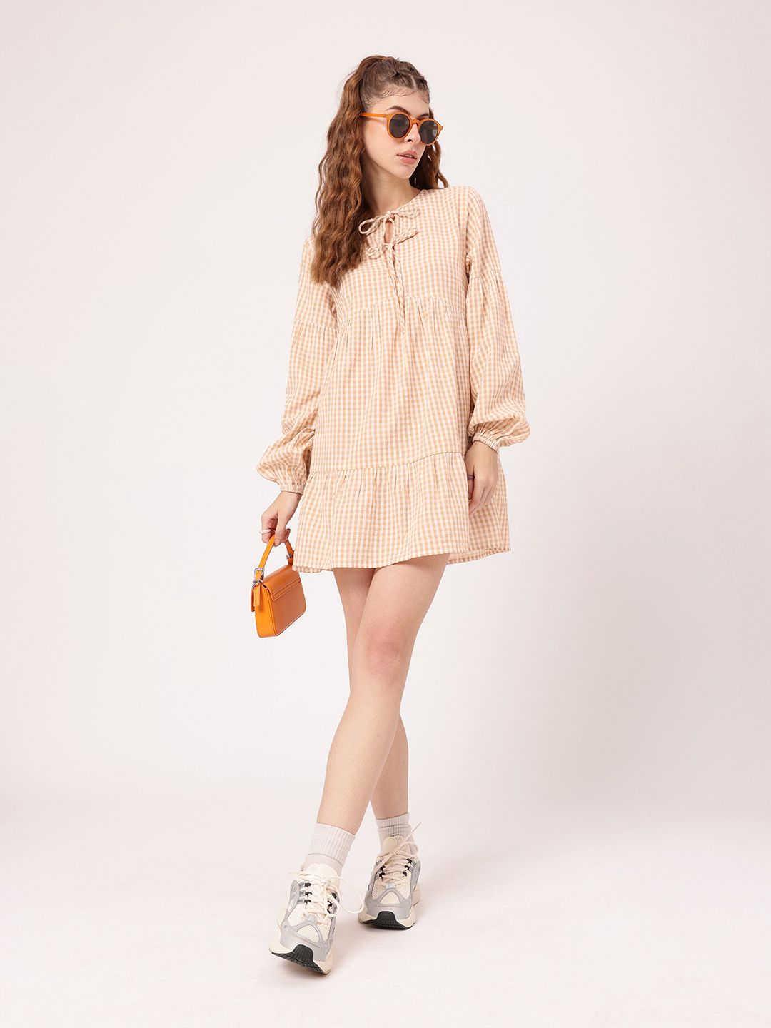 DressBerry Preppy Chic Checked Tie-Up Neck A-line Mini Dress