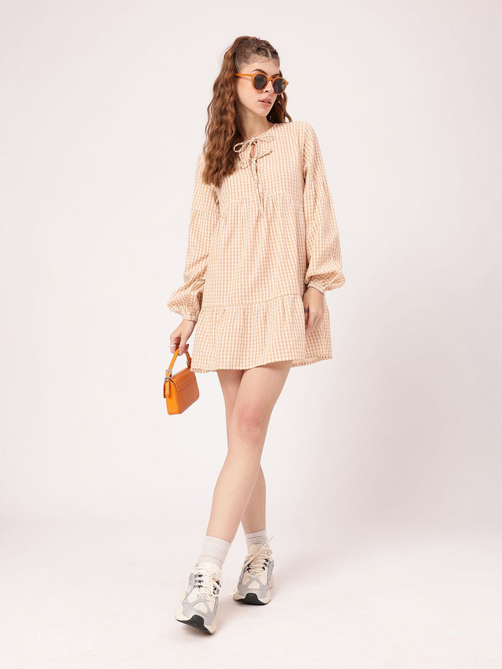 DressBerry Preppy Chic Checked Tie-Up Neck A-line Mini Dress