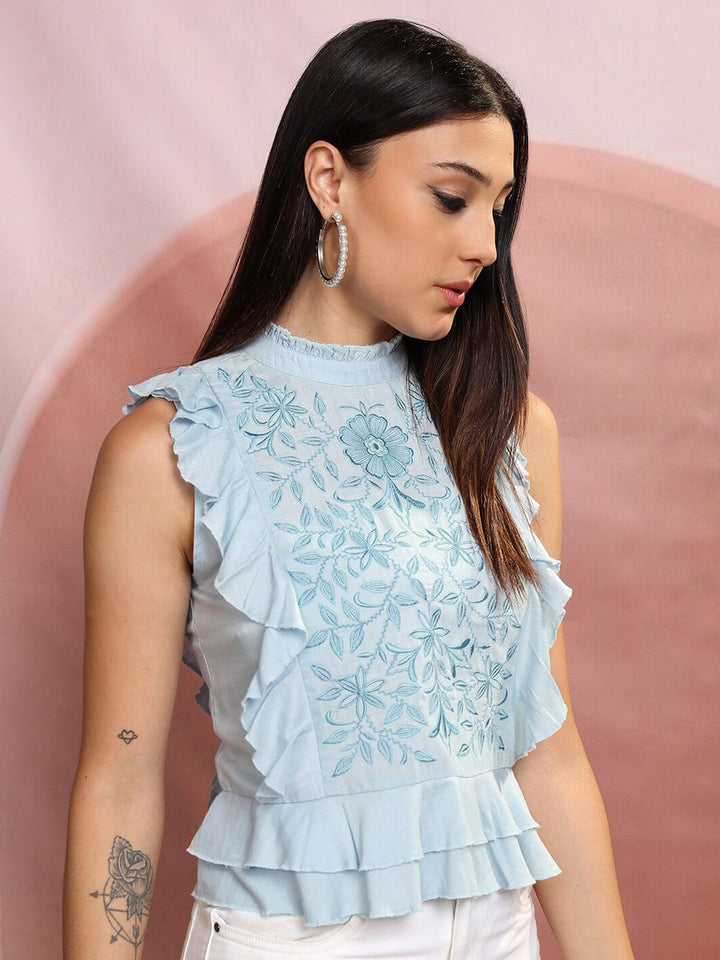Vishudh Blue Floral Embroidered High Neck Ruffled Tiered Top
