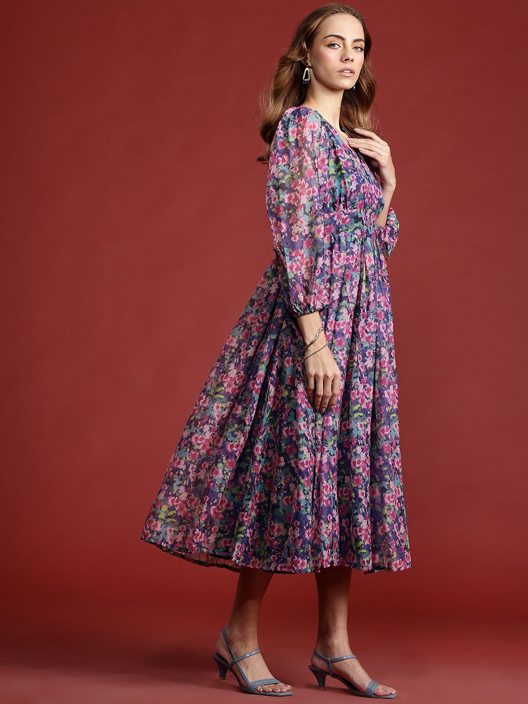 all about you Floral Print Puff Sleeve A-Line Midi Dress