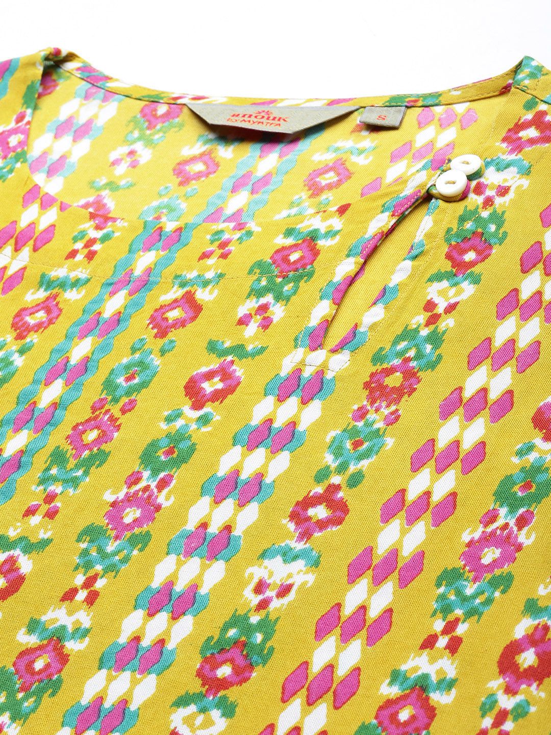 Anouk Women Mustard Yellow & Green Ethnic Motifs Printed A-Line Kurta