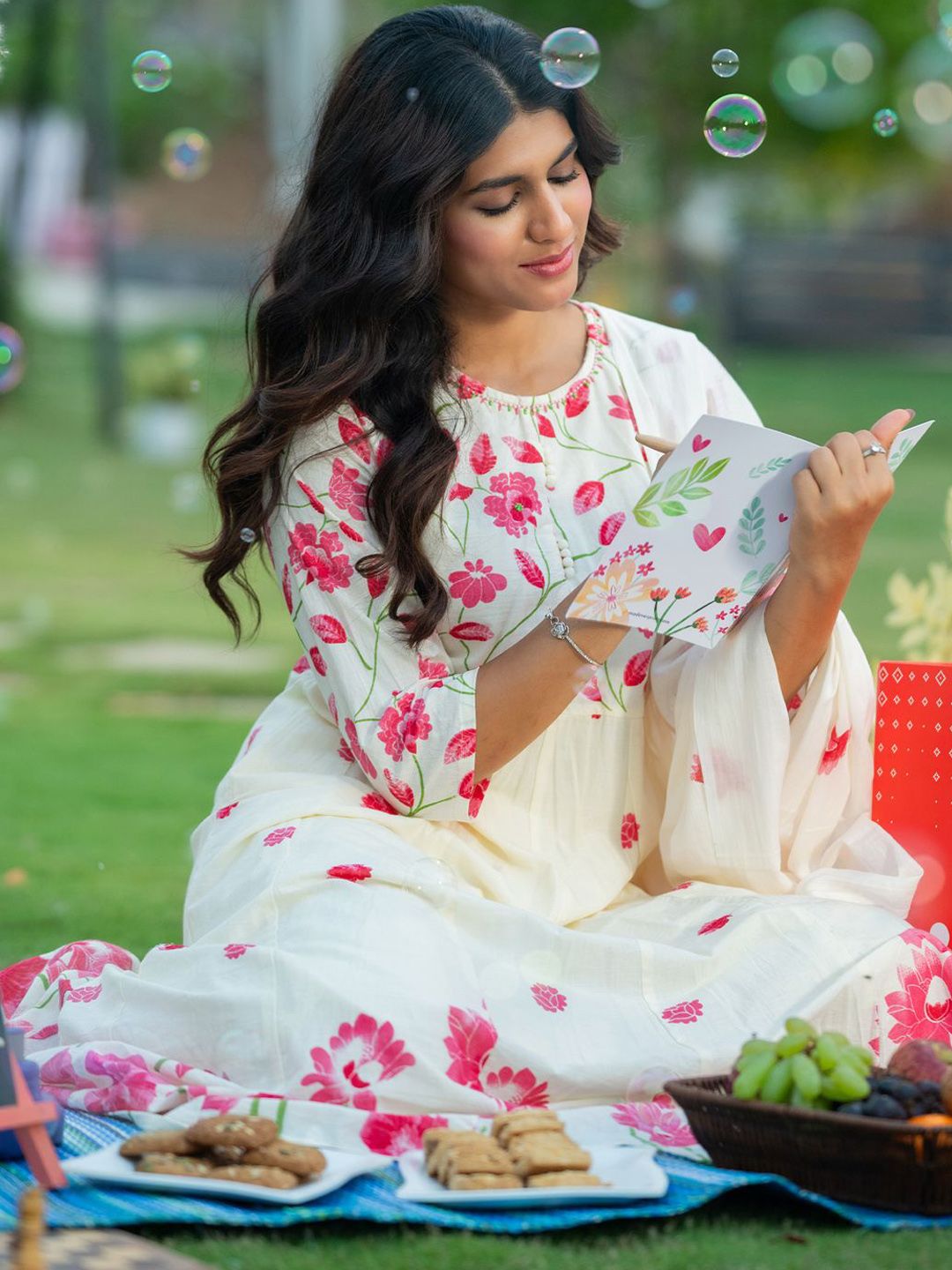 Indo Era Floral Printed Pure Cotton Anarkali Kurta With Trousers & Dupatta