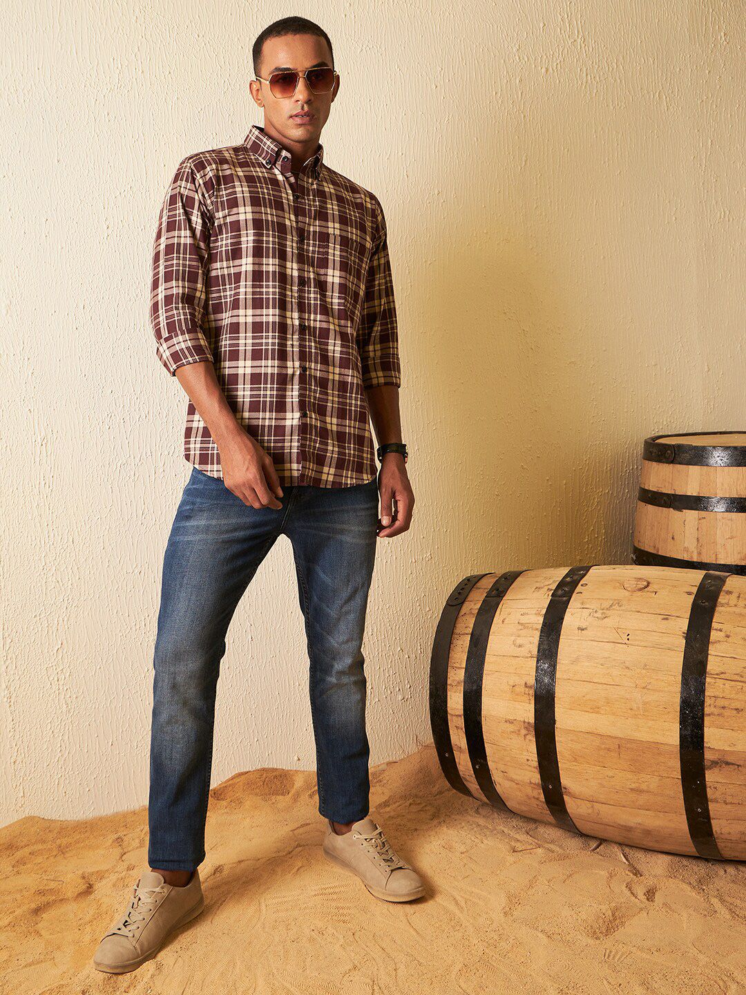 DENNISON Smart Tartan Checked Button-Down Collar Cotton Casual Shirt