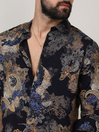 Campus Sutra Black Classic Floral Printed Spread Collar Casual Shirt