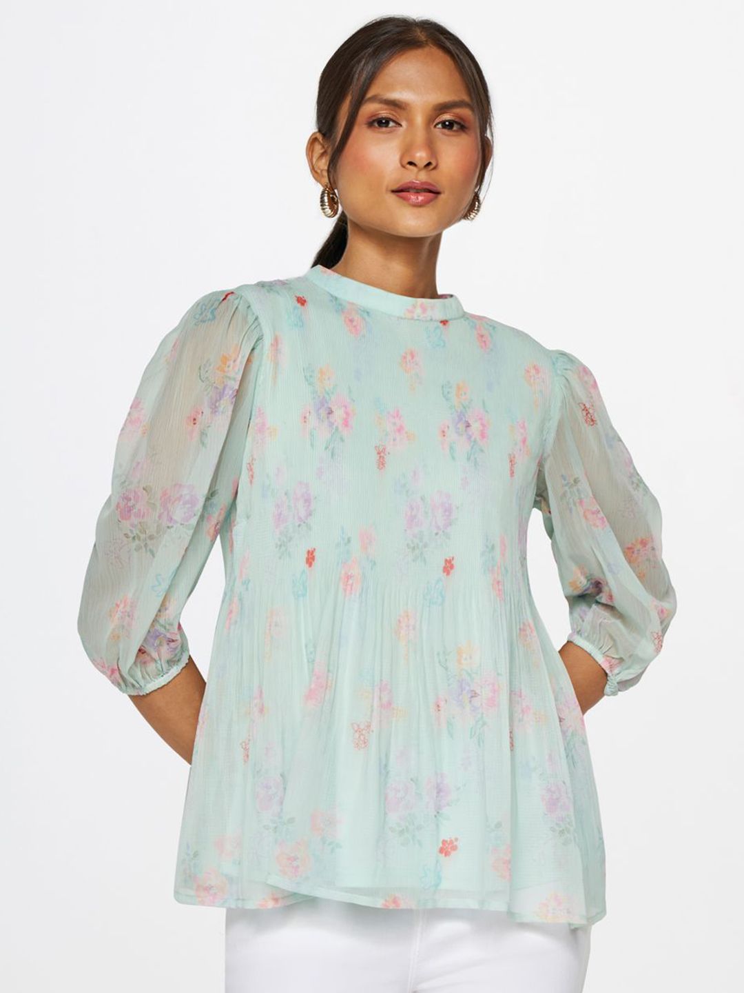 AND Floral Printed Round Neck Puff Sleeve Regular Top