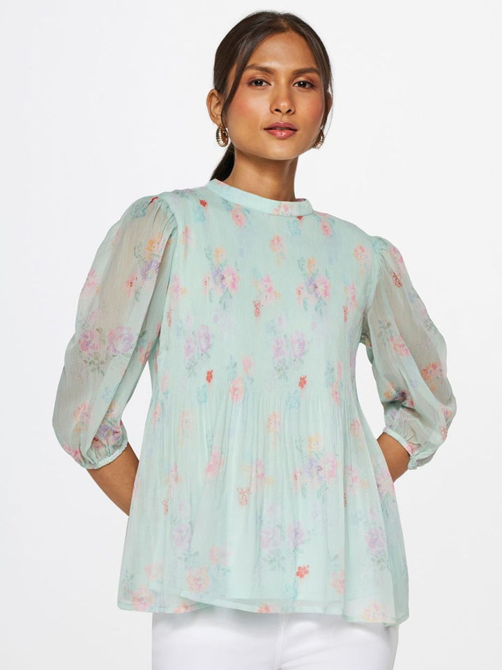 AND Floral Printed Round Neck Puff Sleeve Regular Top