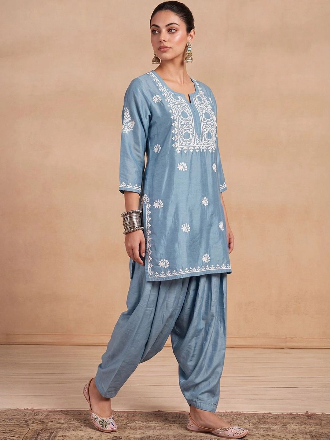 House of Chikankari Women Ethnic Motifs Embroidered Regular Thread Work Kurta with Patiala