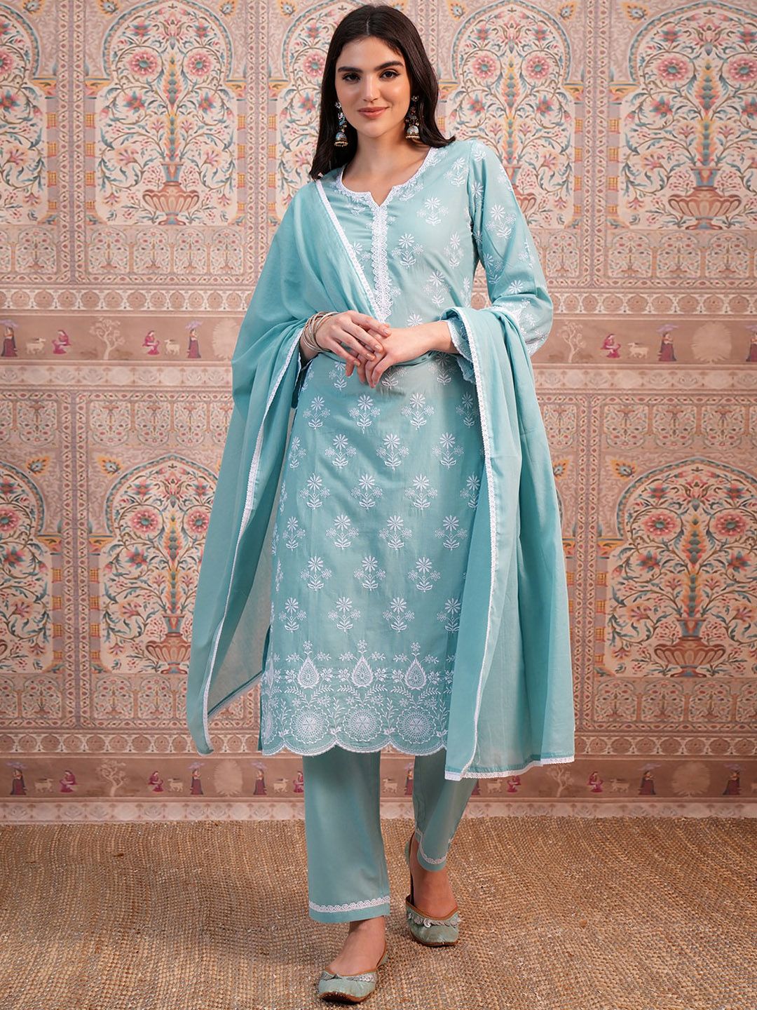 Vishudh Blue Ethnic Motifs Embroidered Thread Work Pure Cotton Kurta &Trouser & Dupatta