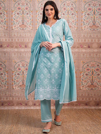 Vishudh Blue Ethnic Motifs Embroidered Thread Work Pure Cotton Kurta &Trouser & Dupatta