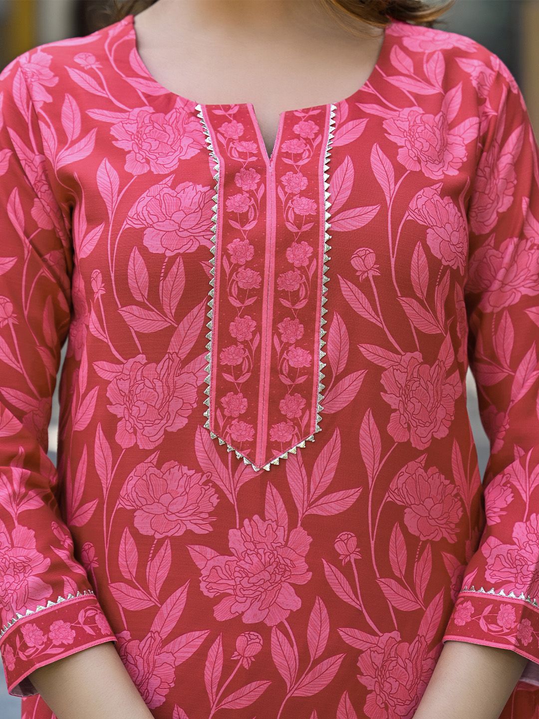 KALINI Floral Printed Notch Neck Gotta Patti Straight Kurta With Trousers & Dupatta