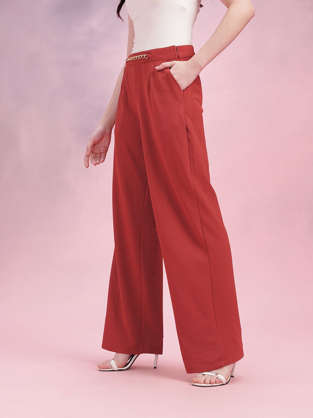 DressBerry Women Metallic Chain Detail Textured Pleated Trousers