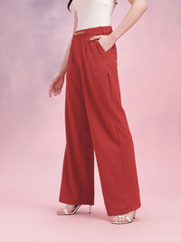DressBerry Women Metallic Chain Detail Textured Pleated Trousers