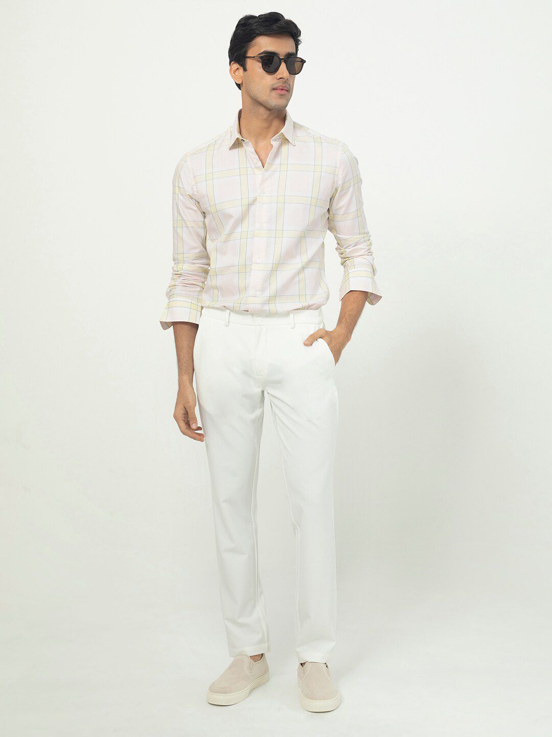 RARE RABBIT Men Tarkin Pink Slim Fit Windowpane Check Cotton Shirt