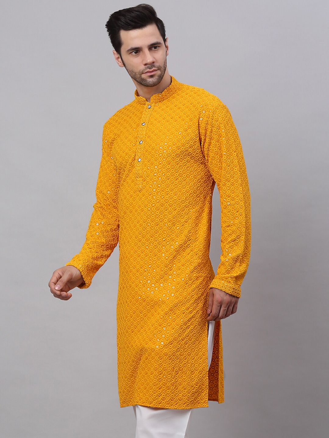 Jompers Men Mustard Yellow Floral Embroidered Sequined Cotton Kurta