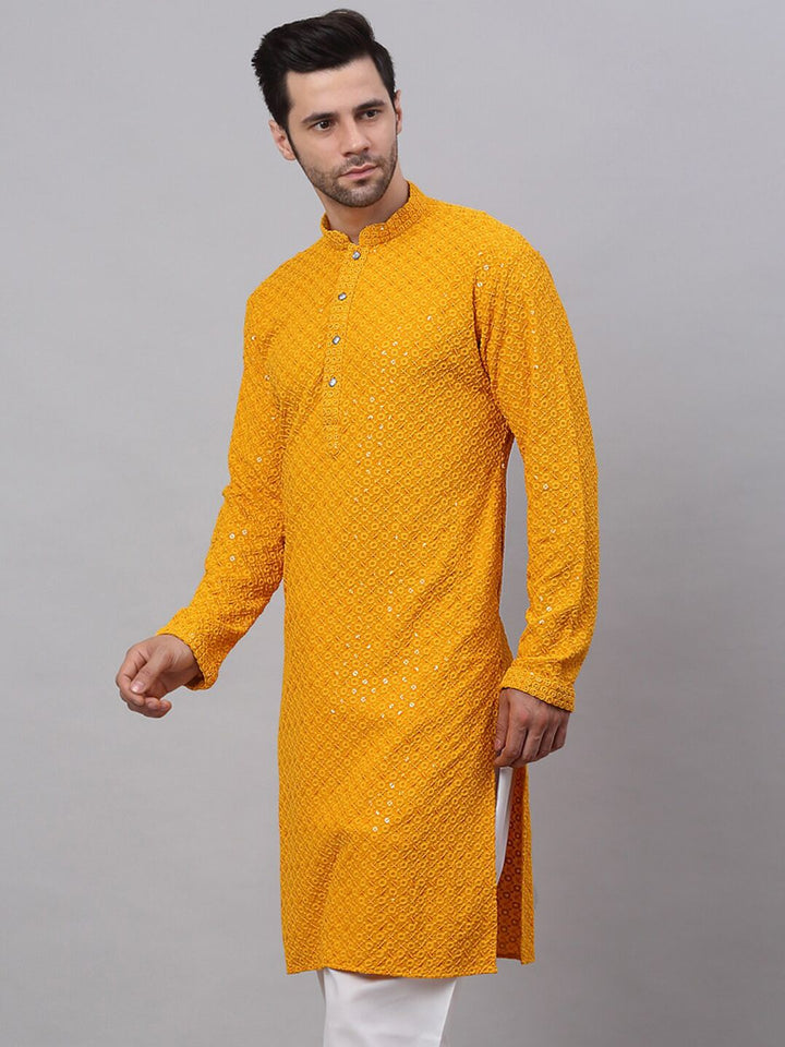 Jompers Men Mustard Yellow Floral Embroidered Sequined Cotton Kurta
