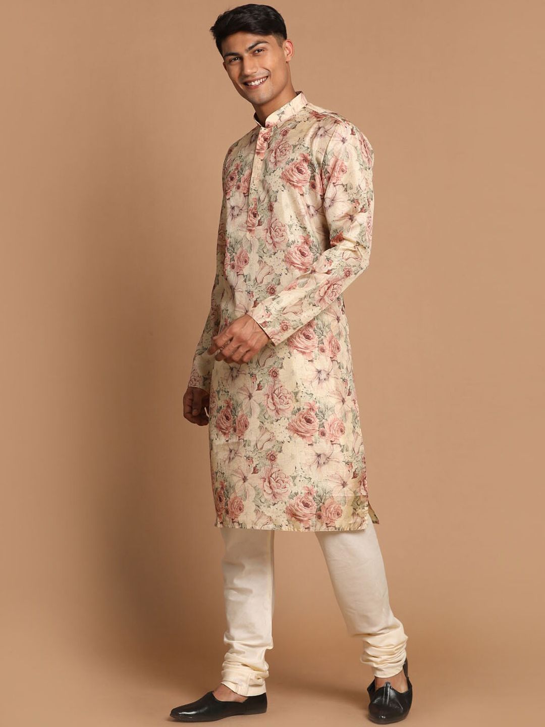 VASTRAMAY Men Beige Floral Printed Angrakha Kurta with Pyjamas