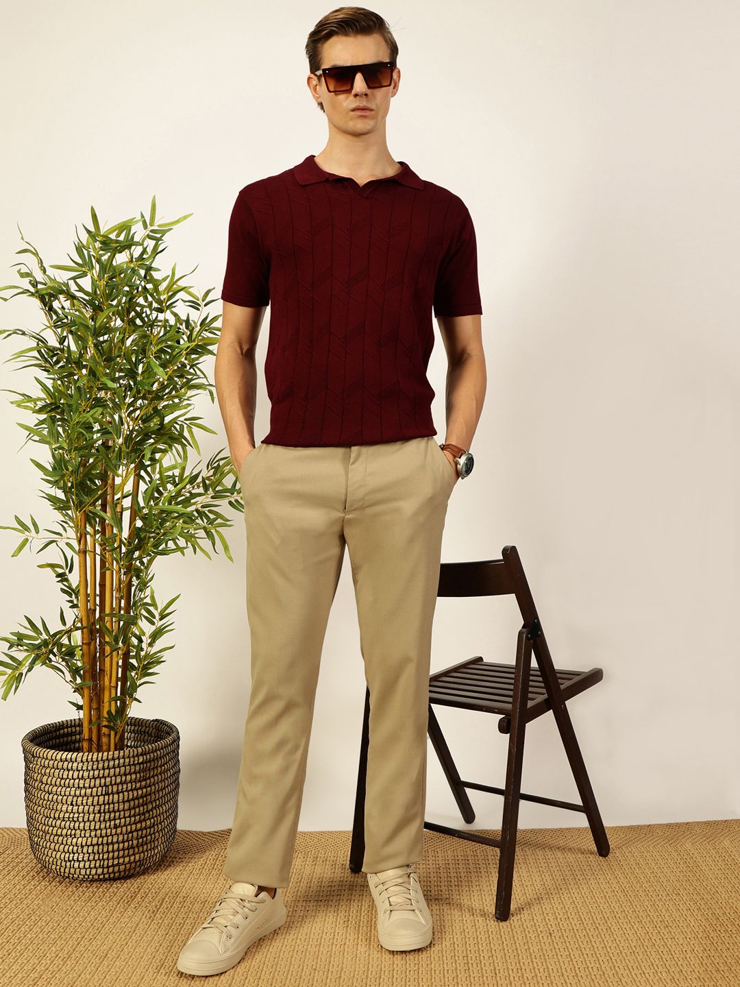 Thomas Scott Men Self Design Regular Fit Knitted Polo T-shirt