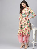SOJANYA Women Beige & Green Printed Straight Kurta