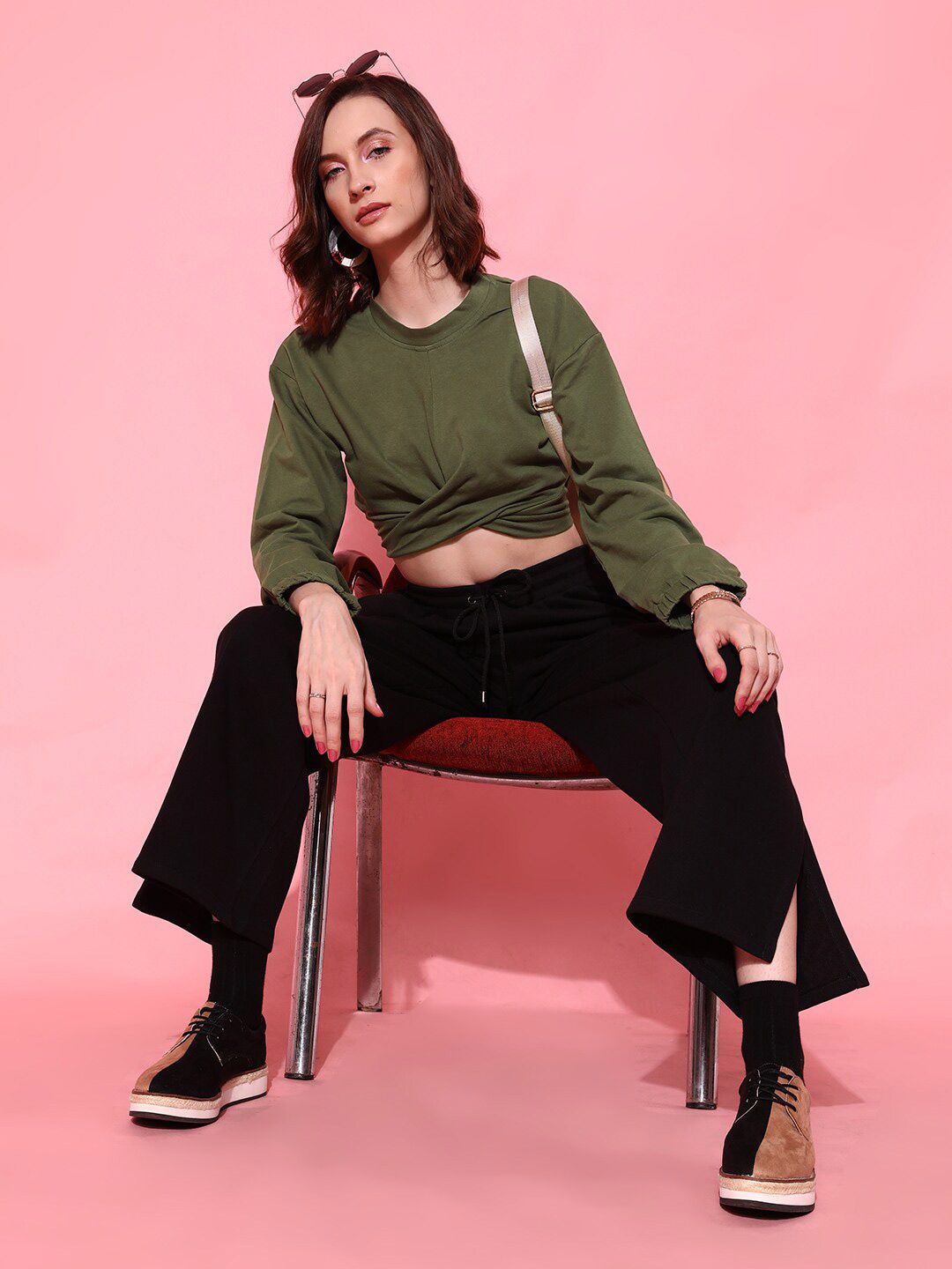 STREET 9 Women Lovely Olive Solid Crop Sweatshirt