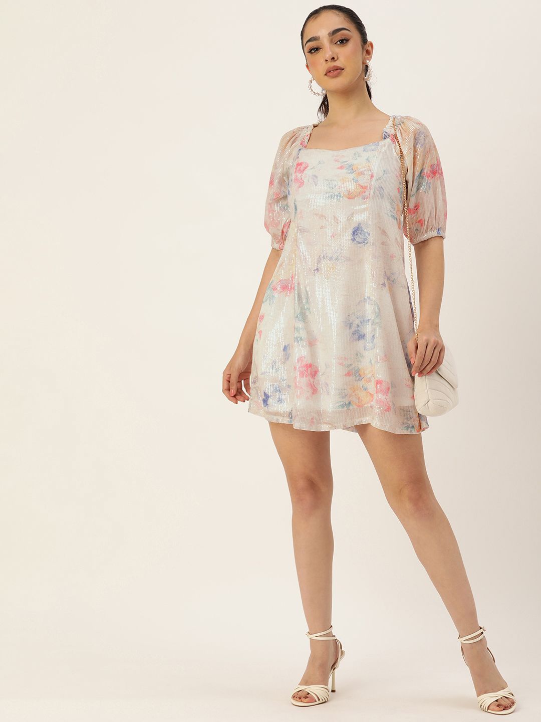 AND Sequined Embellished Floral Puff Sleeves A-Line Dress