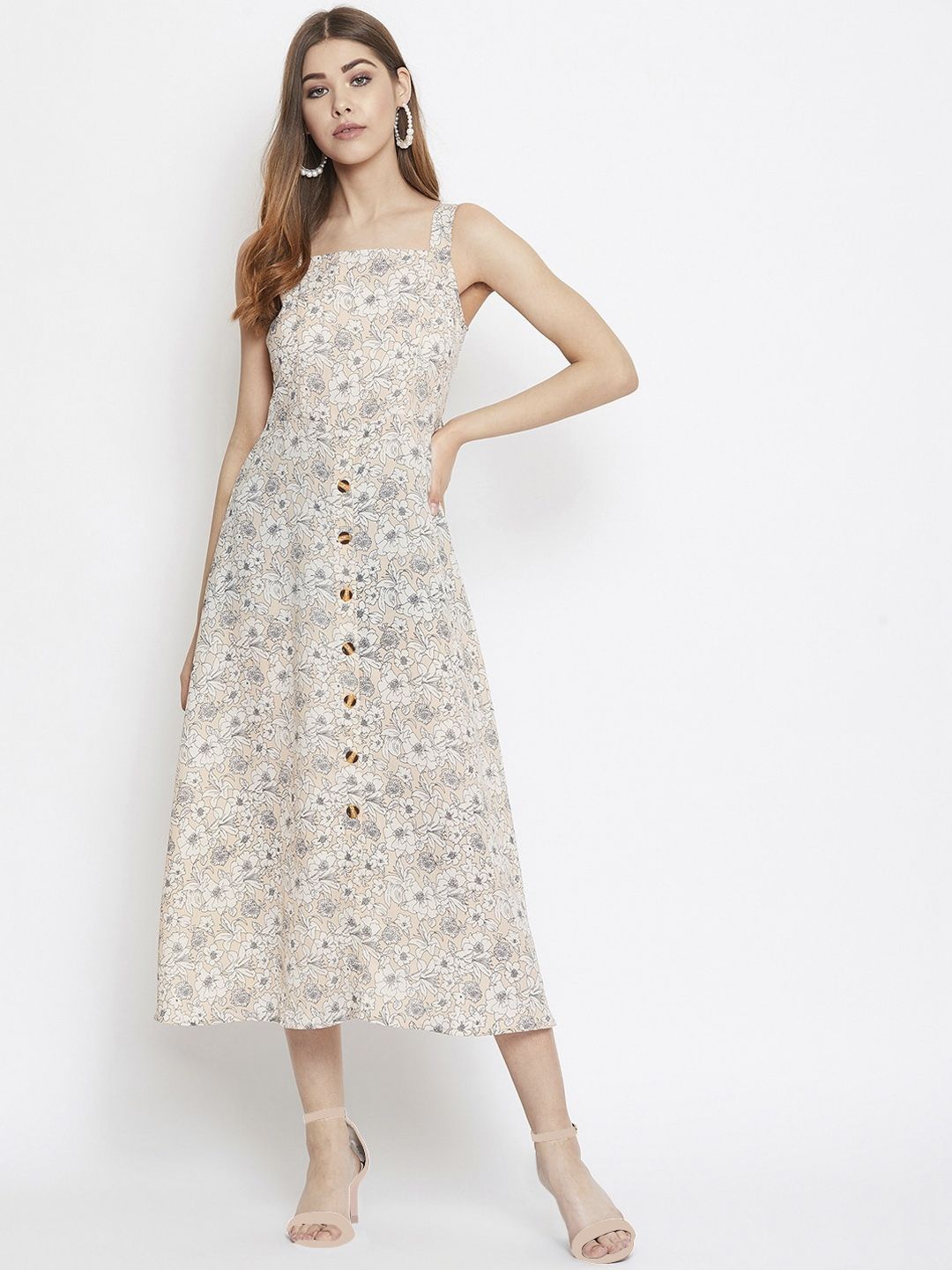 Berrylush Women Beige Printed A-Line Dress