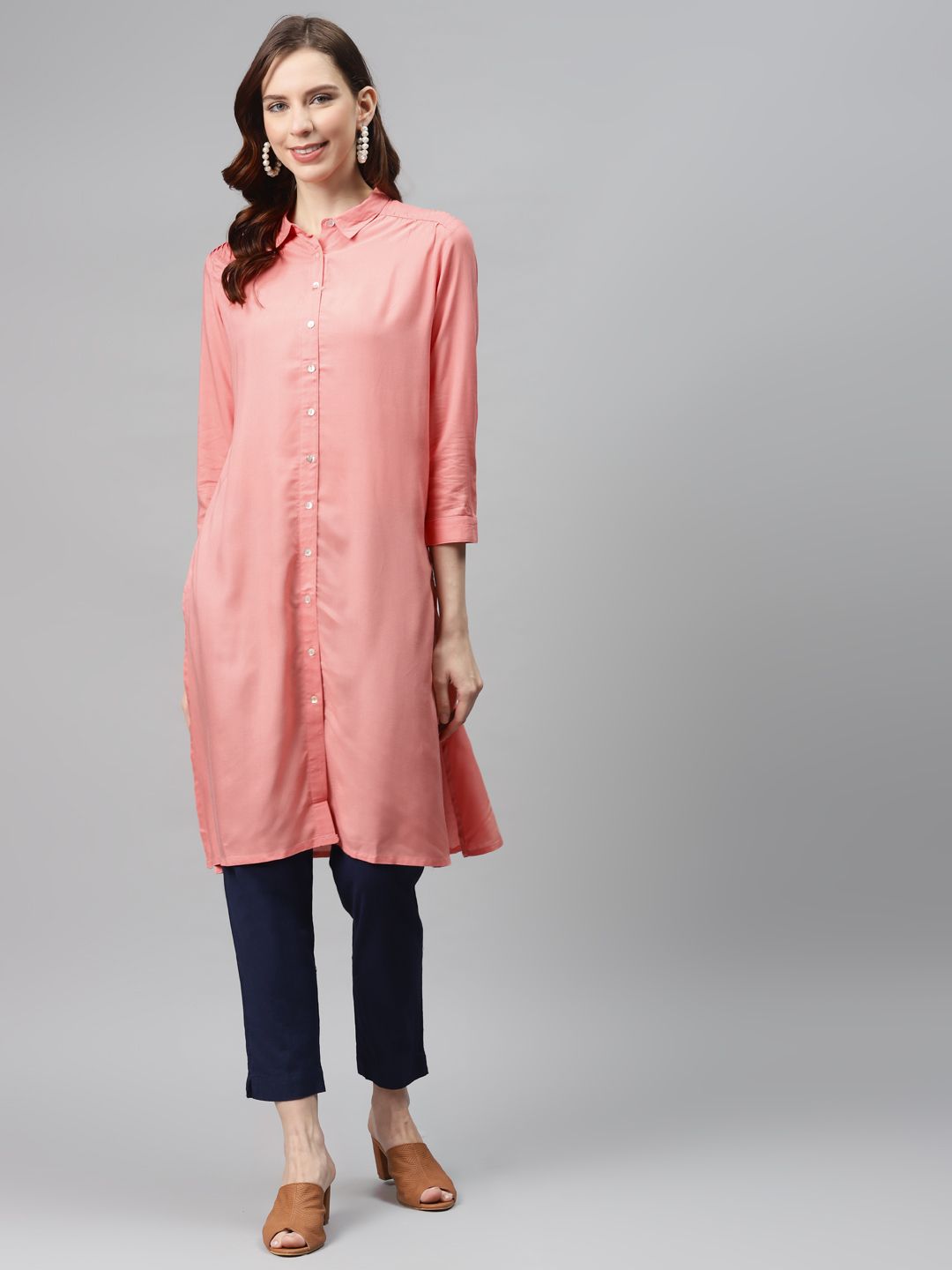 Global Desi Eco Vero Women Pink Solid Straight Fusion Kurta
