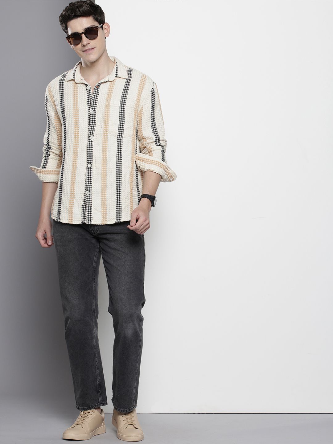 The Indian Garage Co Textured & Striped Pure Cotton Relaxed Fit Casual Shirt