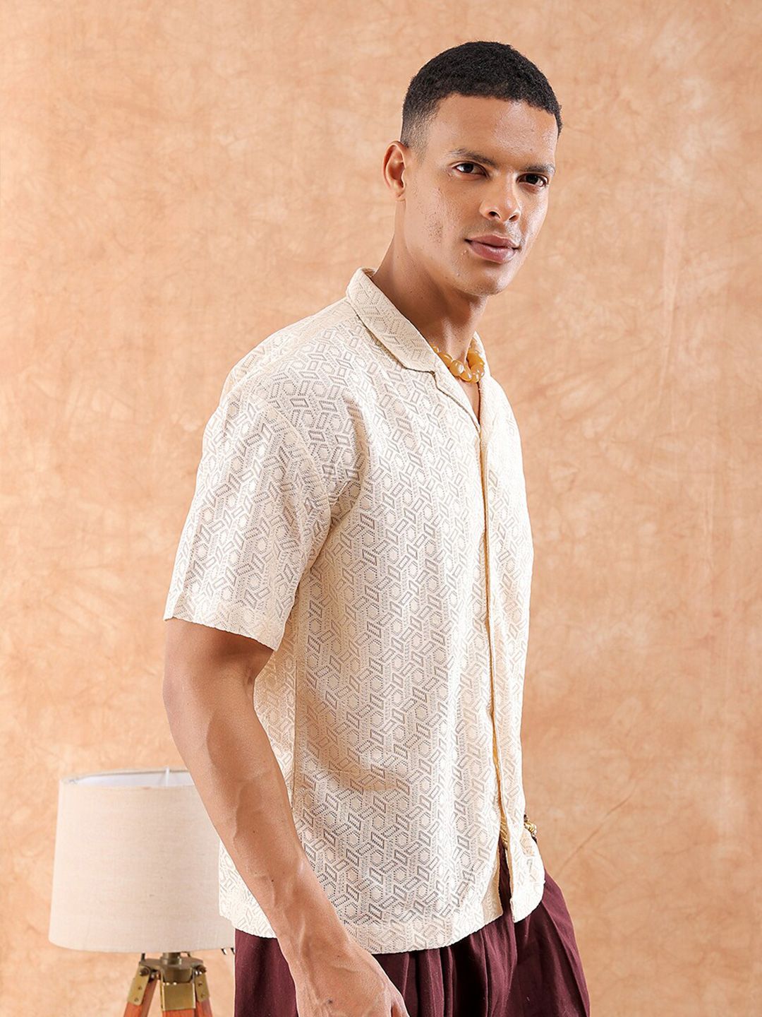 The Indian Garage Co Men Relaxed Fit Solid Warp Knit Lace Resortwear Shirt