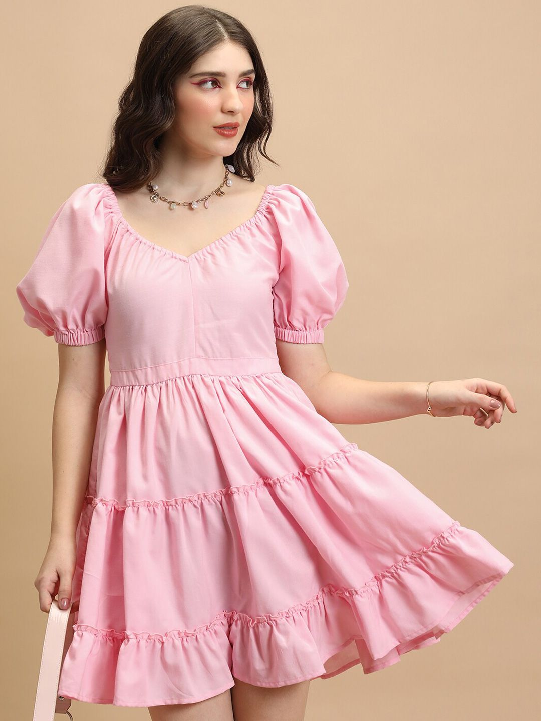 Tokyo Talkies Pink V-Neck Puff Sleeves Smocked Tiered Fit & Flare Dress