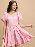 Tokyo Talkies Pink V-Neck Puff Sleeves Smocked Tiered Fit & Flare Dress