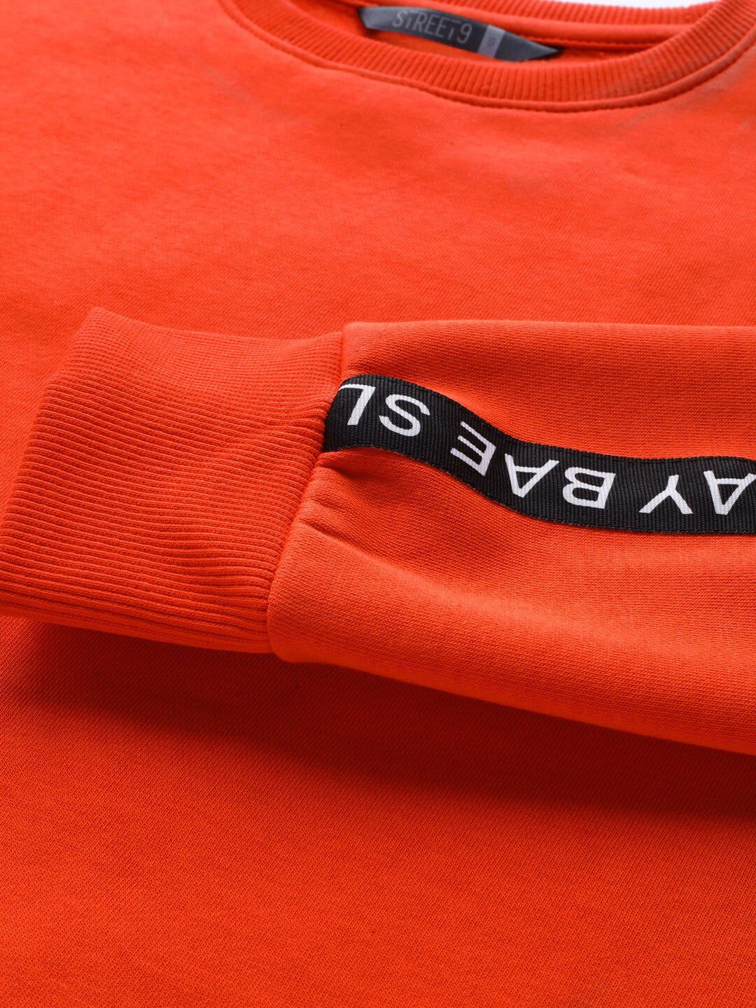 STREET 9 Women Pure Cotton Orange Solid Sweatshirt