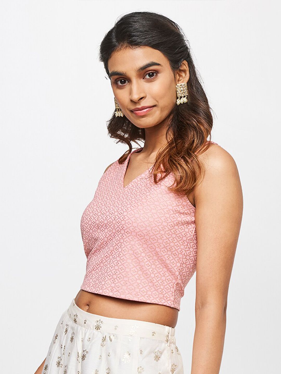 Global Desi V-Neck Printed Crop Top