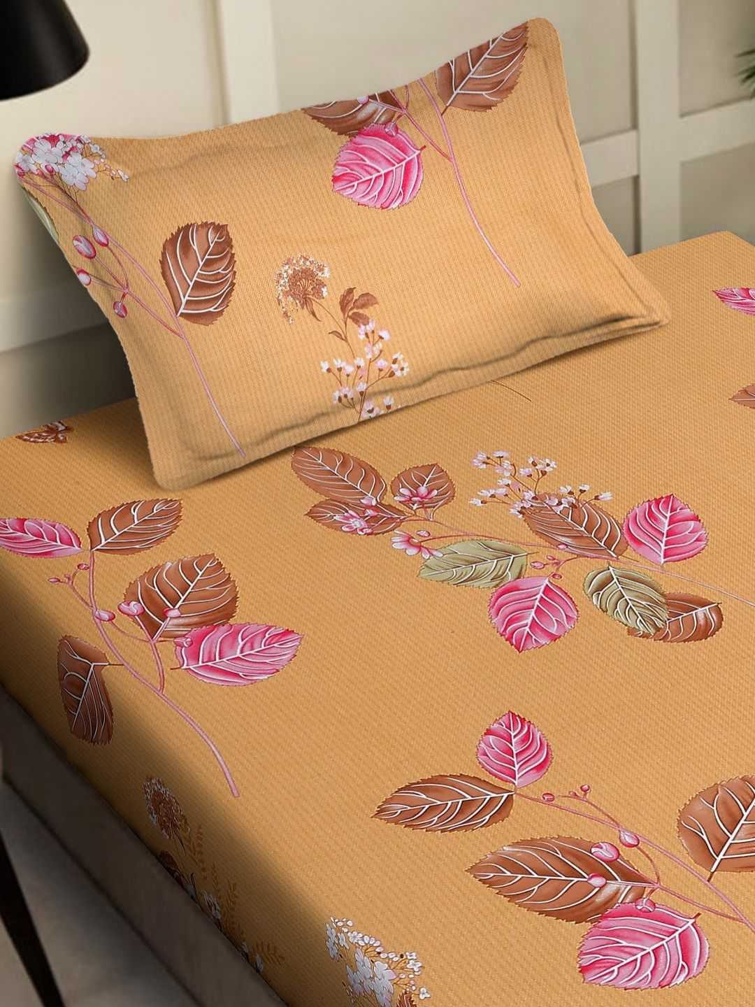 Myntra Elegant Homes Gamathi Orange Floral Pure Cotton 400 TC Single Cadar Superfine dengan Sarung Bantal-89 x 59 inci