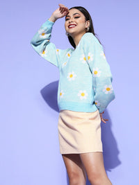 Berrylush Women Blue Floral Knits Bits Sweater
