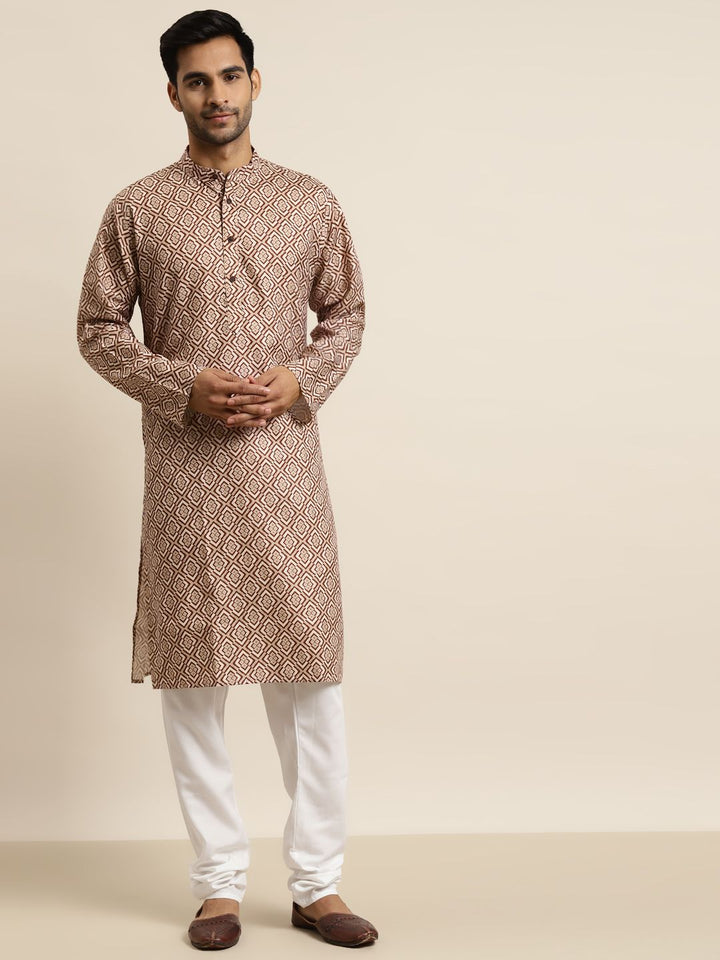 SOJANYA Lelaki Brown & Beige Pure Cotton Geometric Printed Kurta