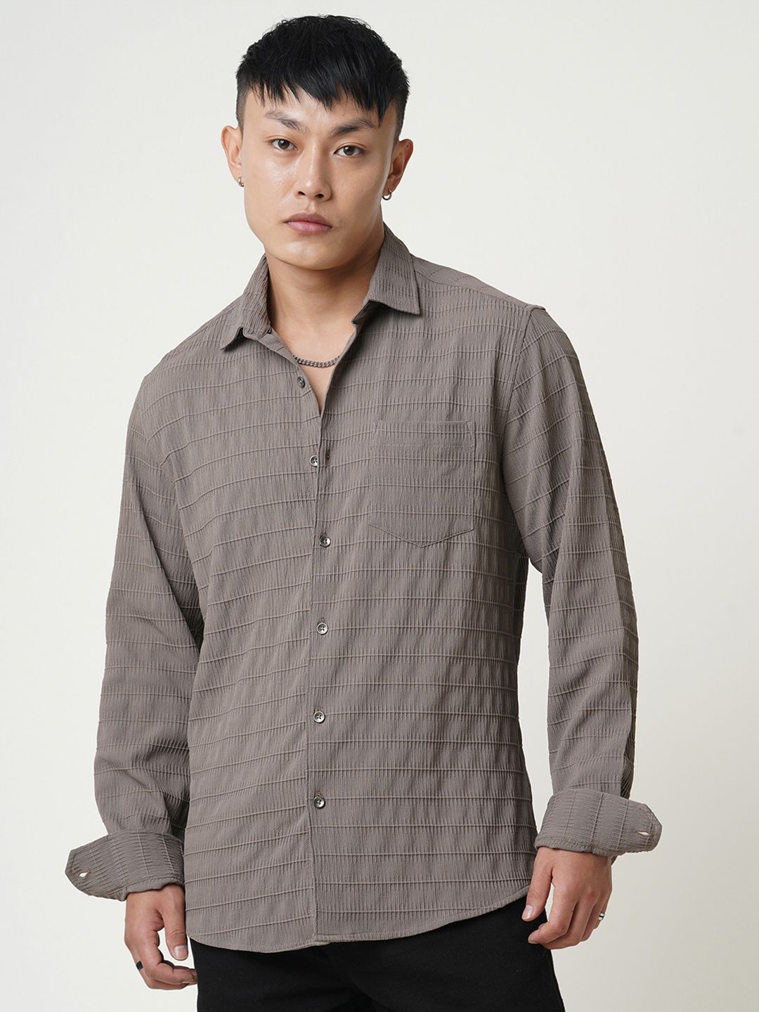 VASTRADO Men Classic Fit Spread Collar Textured Casual Shirt