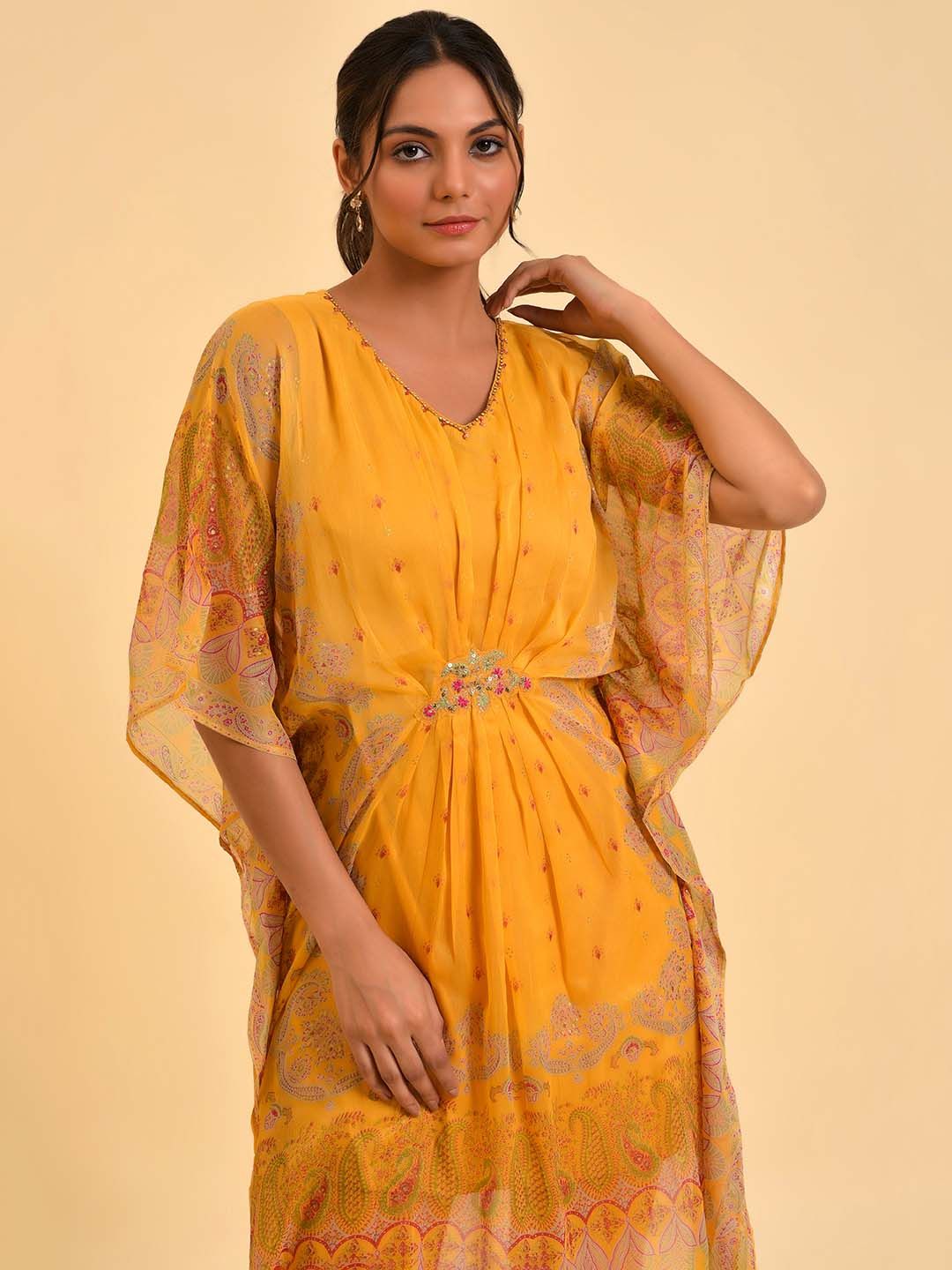 W Women Yellow Ethnic Motifs Printed Embellished Kaftan Kurta With Leggings