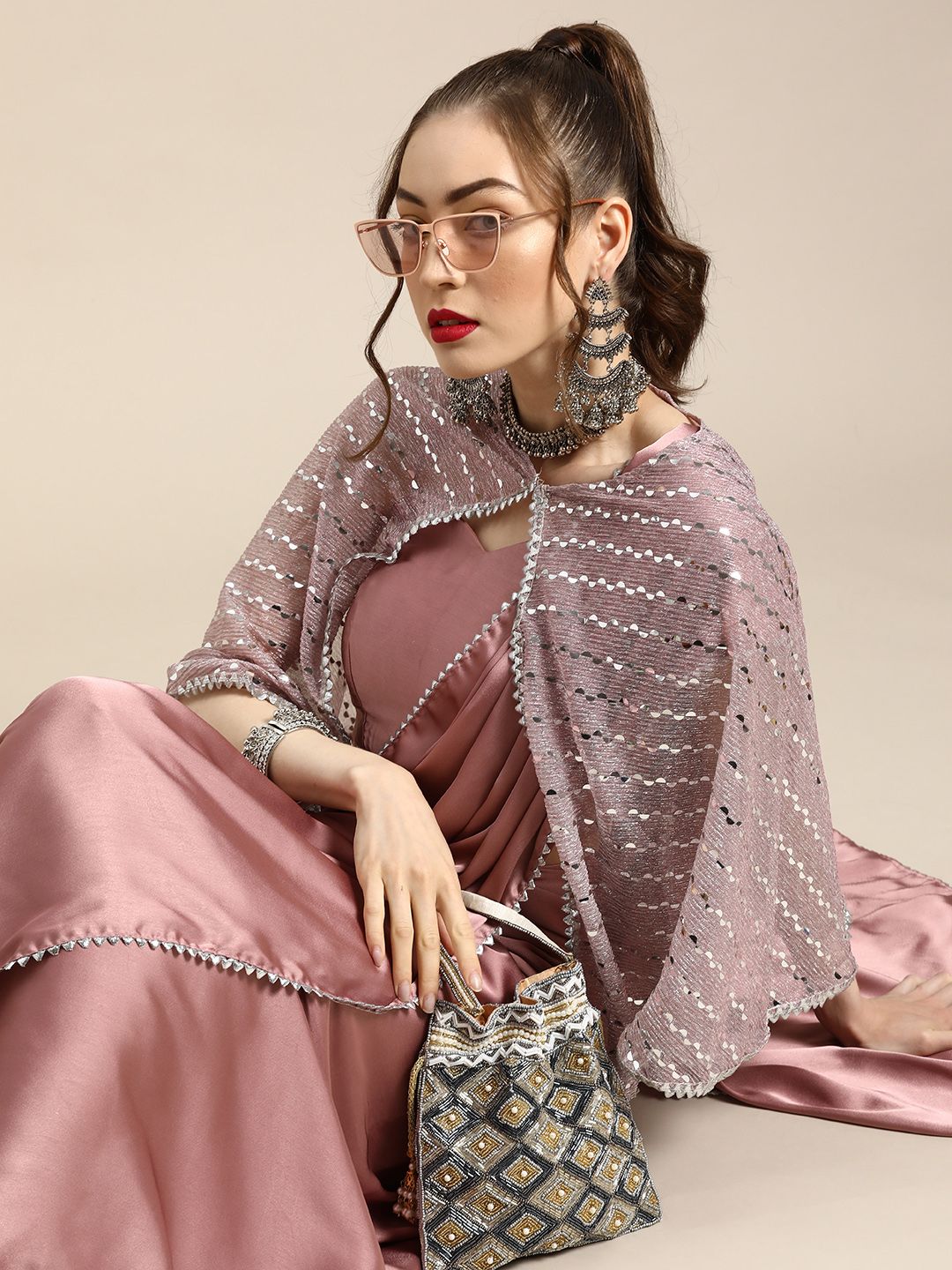 Tikhi Imli Trendy Mauve Sleek Poly Crepe Saree with Embellished Border & Cape