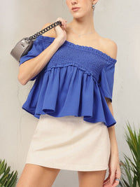 DressBerry Smocked Escape Ruffled Seersucker Bardot Top