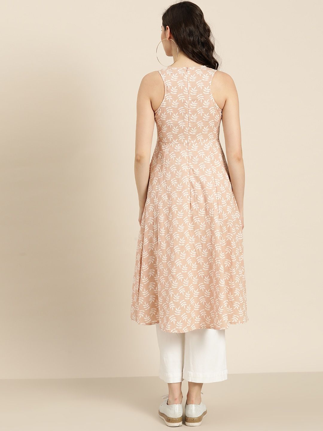 Shae by SASSAFRAS Women Peach-Coloured & White Printed A-Line Kurta