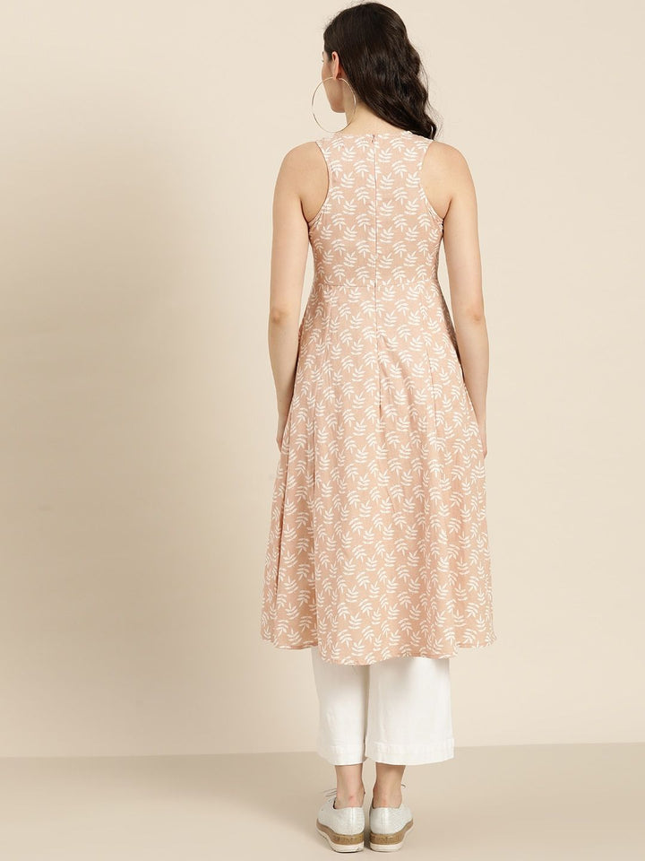 Shae by SASSAFRAS Women Peach-Coloured & White Printed A-Line Kurta