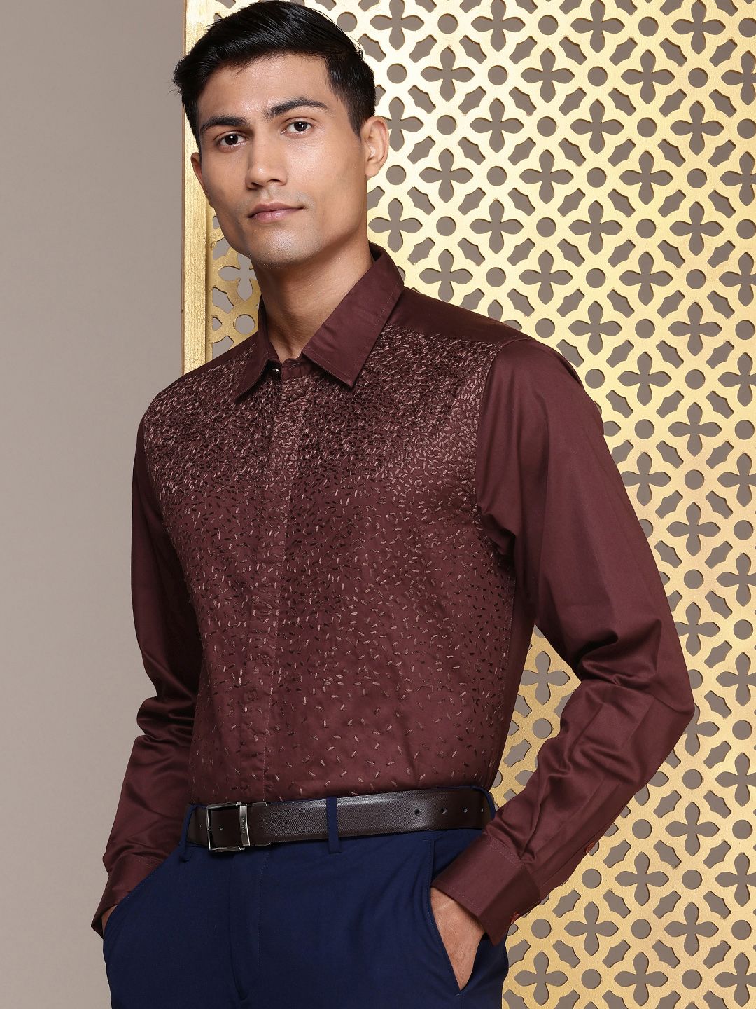 House of Pataudi Self Design Pure Cotton Opaque Party Shirt