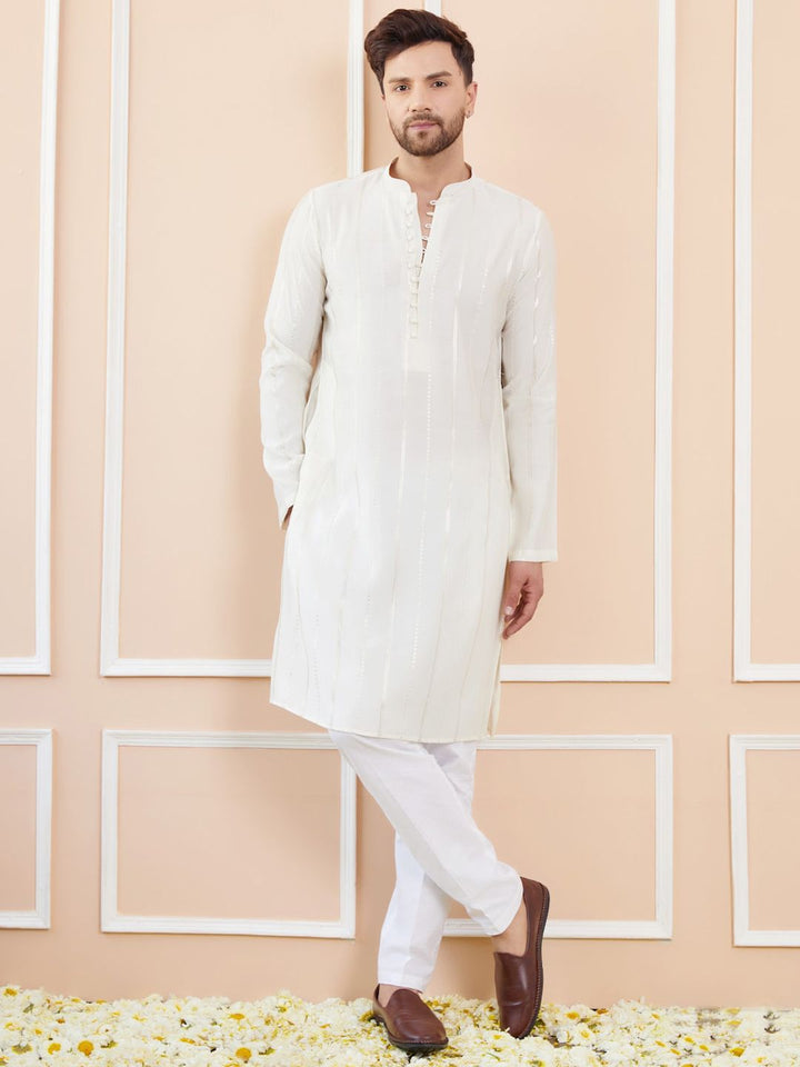 See Designs Striped Embroidered Thread Work Chanderi Silk Straight Kurta With Pyjamas