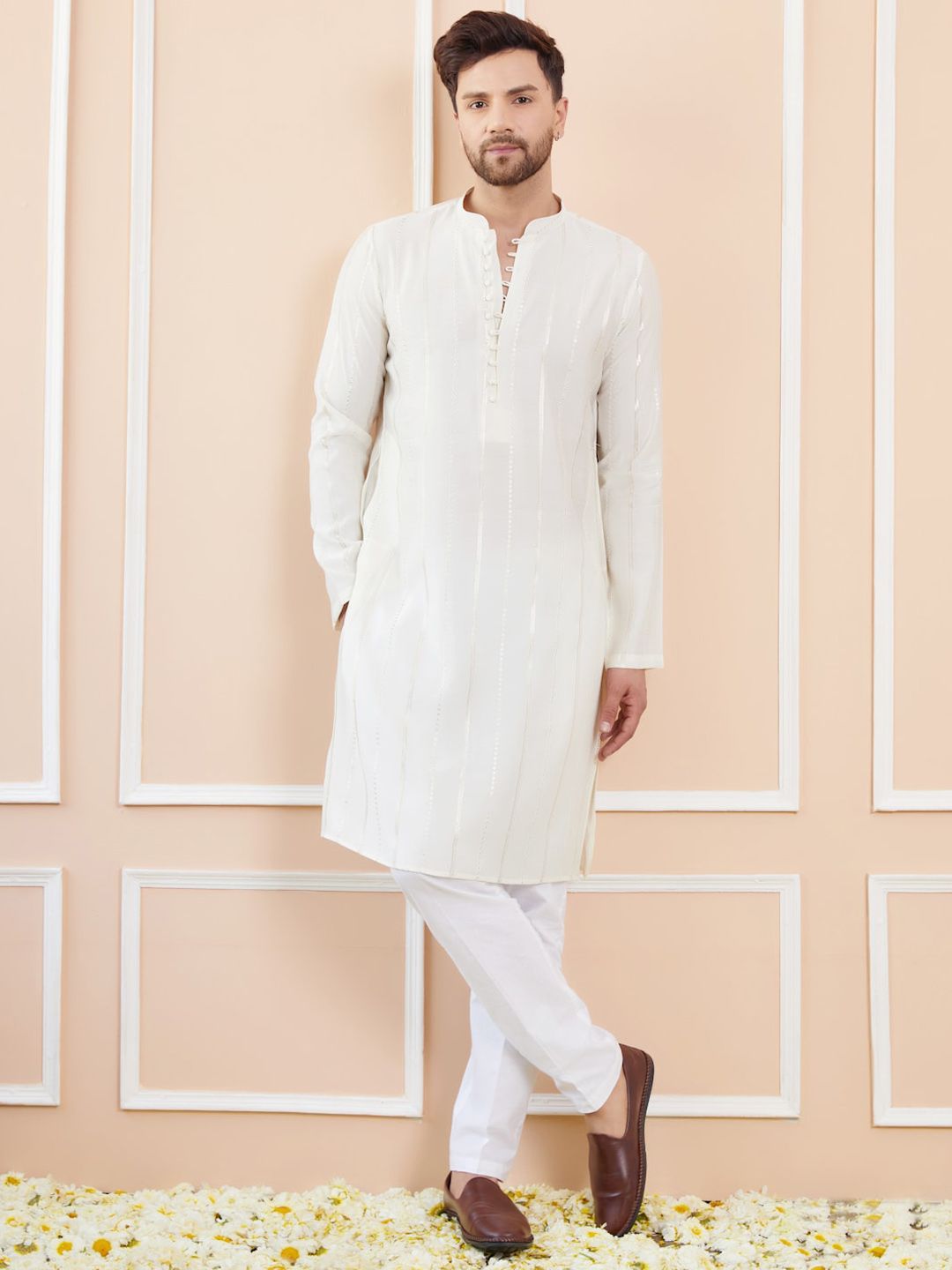 See Designs Striped Embroidered Thread Work Chanderi Silk Straight Kurta With Pyjamas
