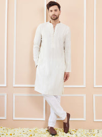 See Designs Striped Embroidered Thread Work Chanderi Silk Straight Kurta With Pyjamas