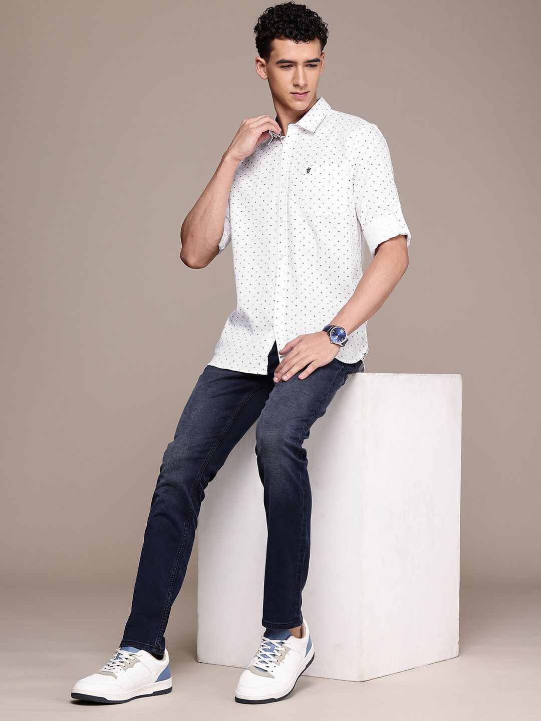 French Connection Slim Fit Micro Ditsy Printed Roll-Up Sleeves Pure Cotton Casual Shirt